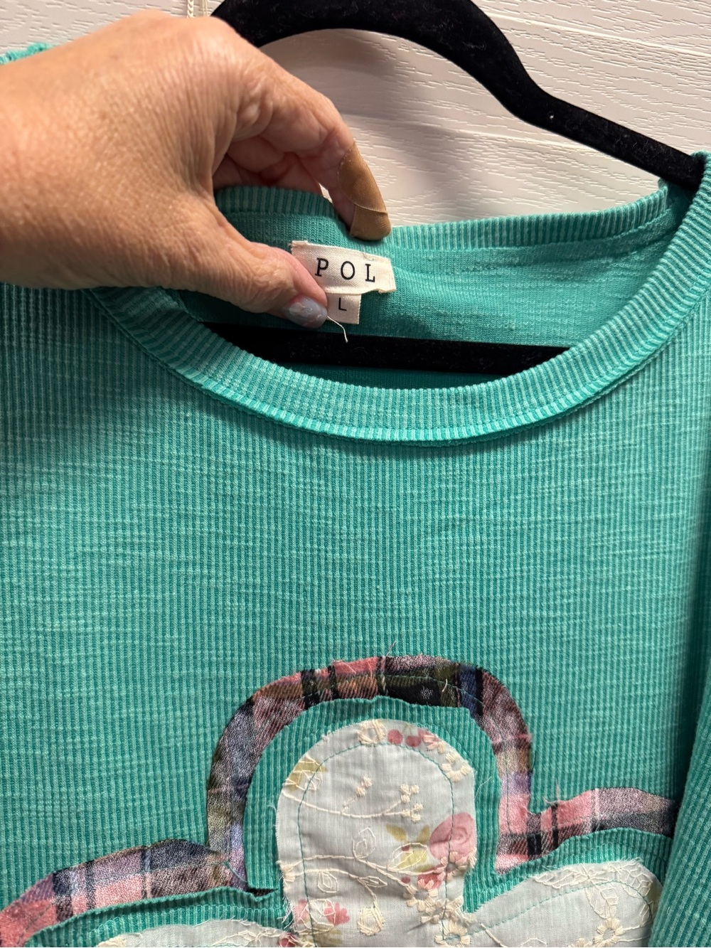 POL Turquoise Ribbed Knit Top with Floral Patch